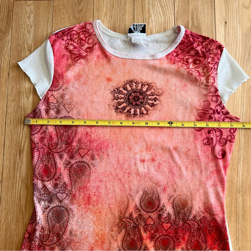 B'time Y2K Red Orange Stretchy Abstract Print Cap Sleeve Top Size Large - Picture 4 of 6